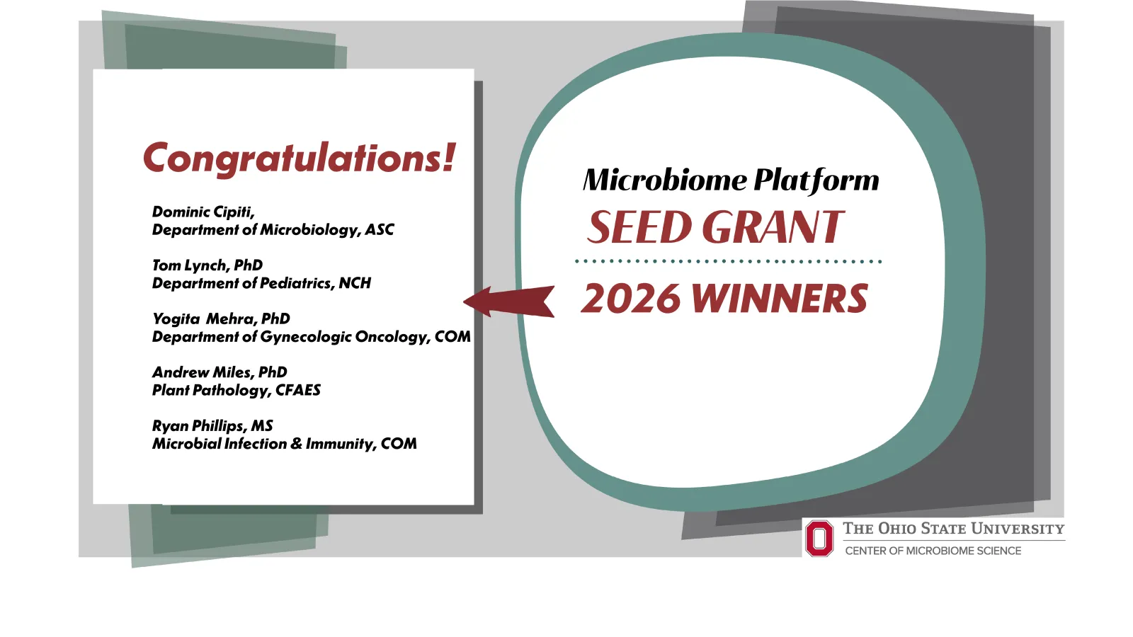 CoMS 2026 Seed Grant Winners - see below text for details
